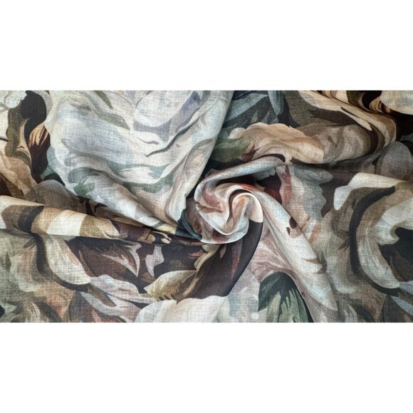 2/$30 Retro Commute Leaves Daisy Floral Olive Coffee Cream Polyester Silk Scarf - Picture 3 of 8